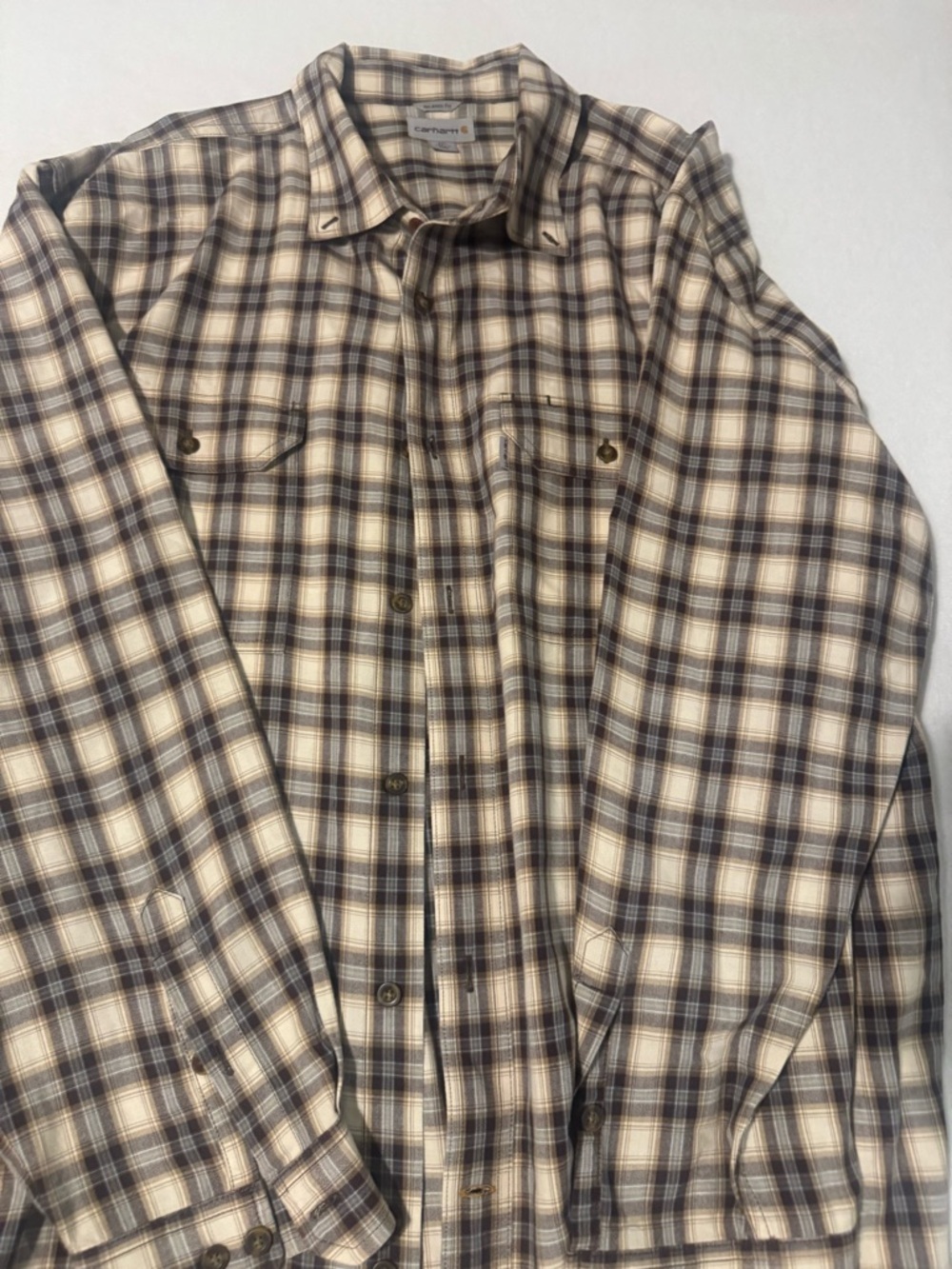Carhartt Men’s Plaid Button-Down Shirt in Cream and Brown